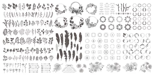 Foto op Plexiglas Grote set met krans, ontwerpelementen, frames, kalligrafische. Floral vectorillustratie met takken, bessen, veren en bladeren. Natuur frame op witte achtergrond. © monamonash