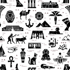Dark seamless pattern of symbols, landmarks, and signs of Egypt from icons