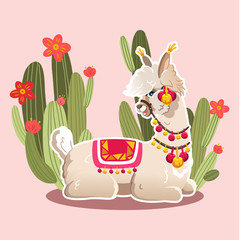 Illustration with llama and cactus plants. Vector seamless pattern on pink background. Greeting card with Alpaca.