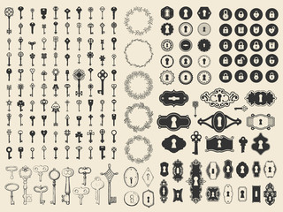 Vector illustration with design elements for decoration. Big silhouettes and icon set of keys, locks, old keyhole on black background. Vintage style. - 279712000