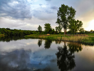 Peaceful landscape with green trees on river bank in evening