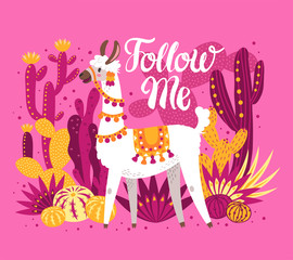 Illustration with llama and cactus plants. Vector pattern on botanical background. Greeting card with Alpaca. Composition on pink.