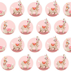 Illustration with alpaca and cactus plants. Vector seamless pattern on white background. Llama.