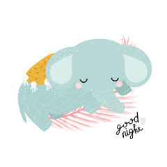Cute sleeping elephant and quote. Childish print. Vector hand drawn illustration.