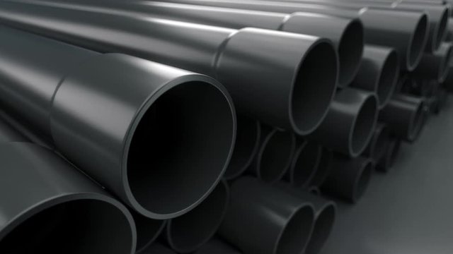 Plastic socket pipes on warehouse. Cam dolly along the row of tubes. Loop able 3D animation