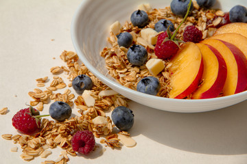 Delicious breakfast. Sweet vegan granola with plant milk and fruits
