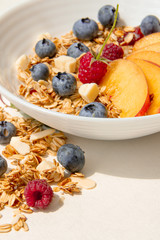 Delicious breakfast. Sweet vegan granola with plant milk and fruits