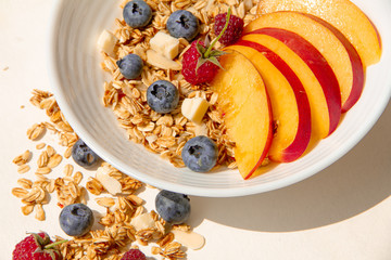 Delicious breakfast. Sweet vegan granola with plant milk and fruits