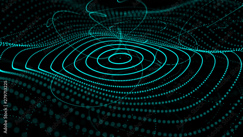 Poster abstract dynamic wave of particles. network of bright points or dots. big data. digital background. 