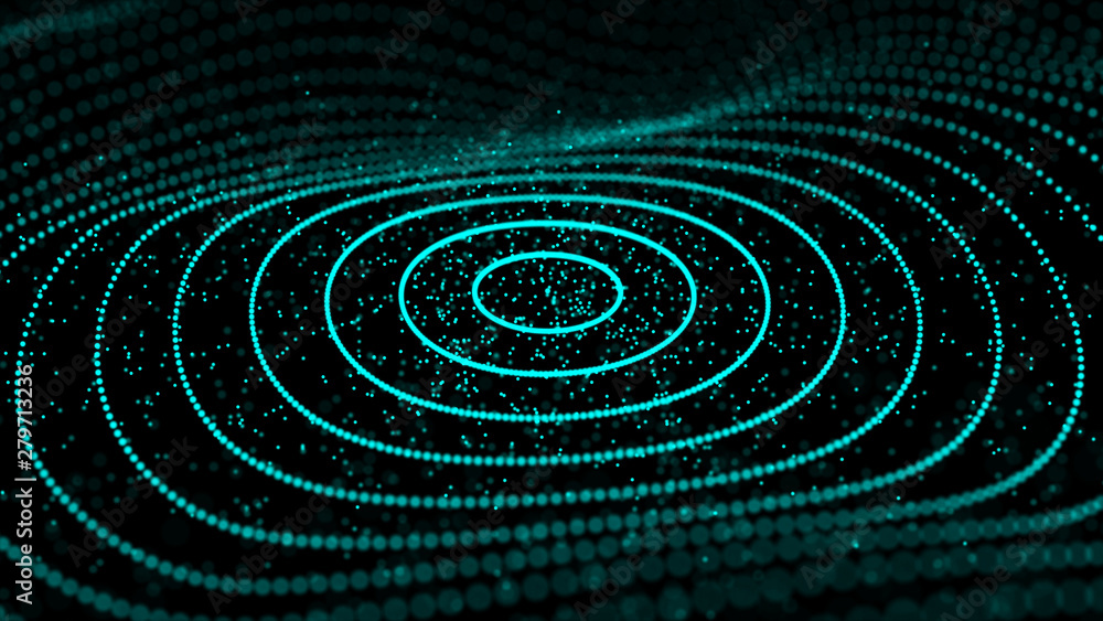 Poster abstract dynamic wave of particles. network of bright points or dots. big data. digital background. 