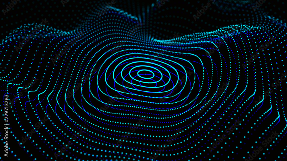 Poster abstract dynamic wave of particles. network of bright points or dots. big data. digital background. 