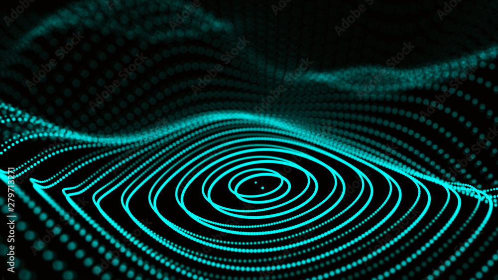 Poster abstract dynamic wave of particles. network of bright points or dots. big data. digital background. 