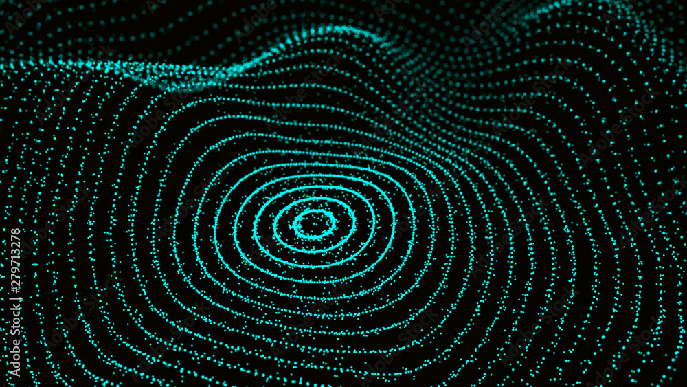 Poster abstract dynamic wave of particles. network of bright points or dots. big data. digital background. 