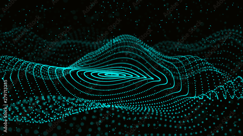 Poster abstract dynamic wave of particles. network of bright points or dots. big data. digital background. 