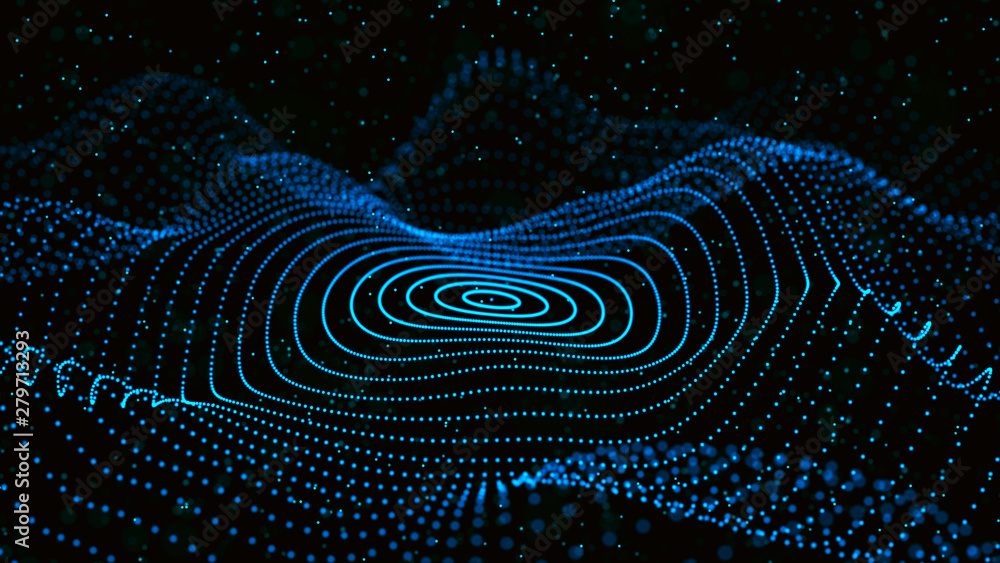 Poster abstract dynamic wave of particles. network of bright points or dots. big data. digital background. 