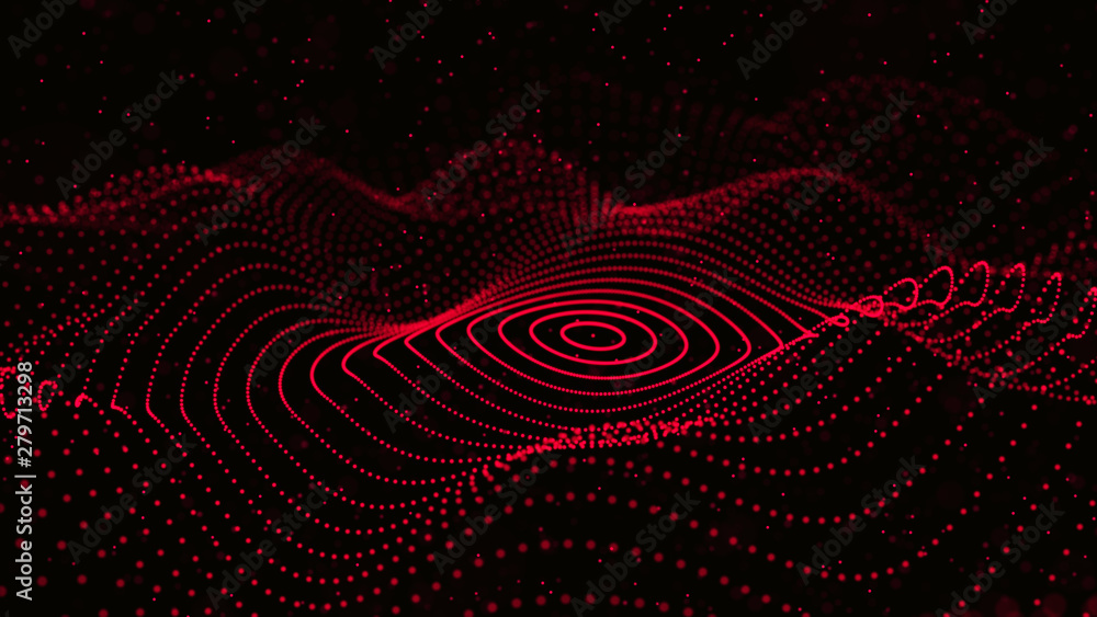Poster abstract dynamic wave of particles. network of bright points or dots. big data. digital background. 