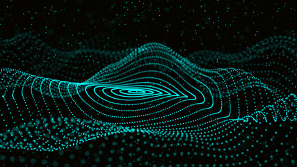 Abstract dynamic wave of particles. Network of bright points or dots. Big data. Digital background. Spider's web. 4K illustration. 3d rendering.