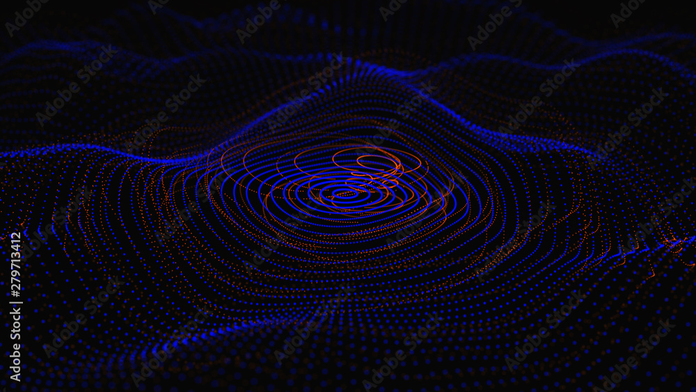 Poster abstract dynamic wave of particles. network of bright points or dots. big data. digital background. 