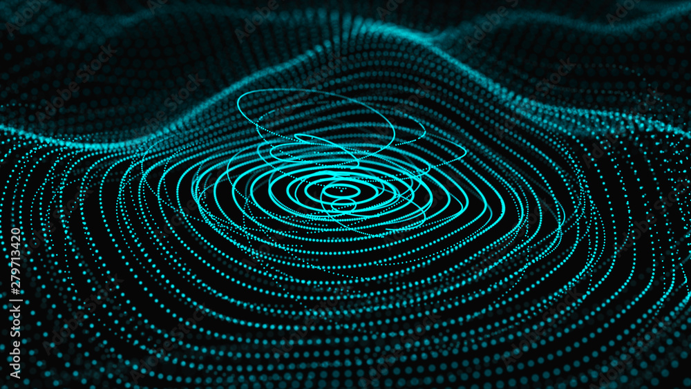 Poster abstract dynamic wave of particles. network of bright points or dots. big data. digital background. 