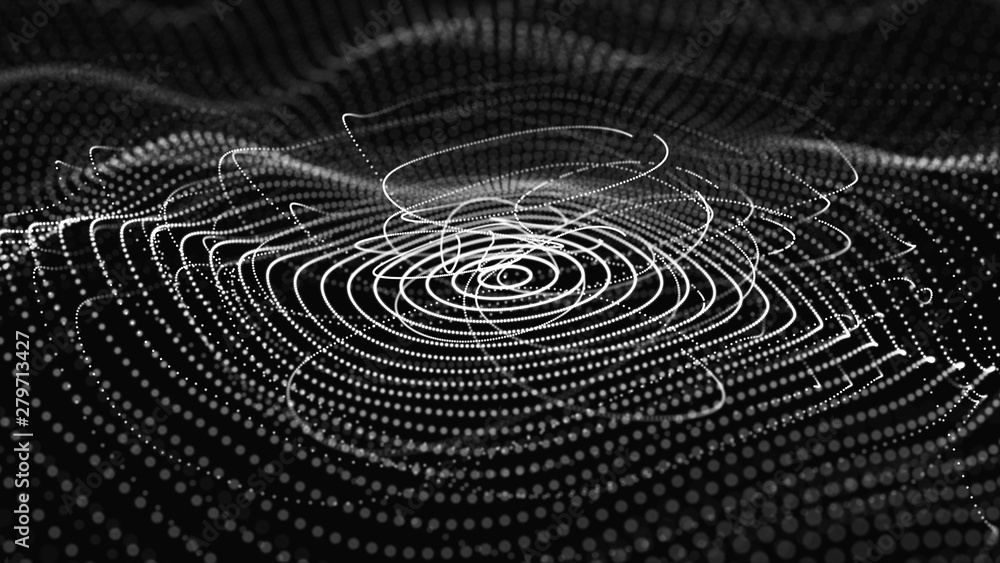 Poster abstract dynamic wave of particles. network of bright points or dots. big data. digital background. 