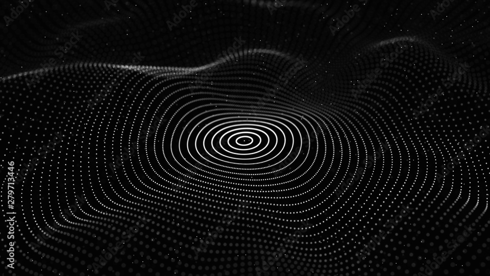 Poster abstract dynamic wave of particles. network of bright points or dots. big data. digital background. 