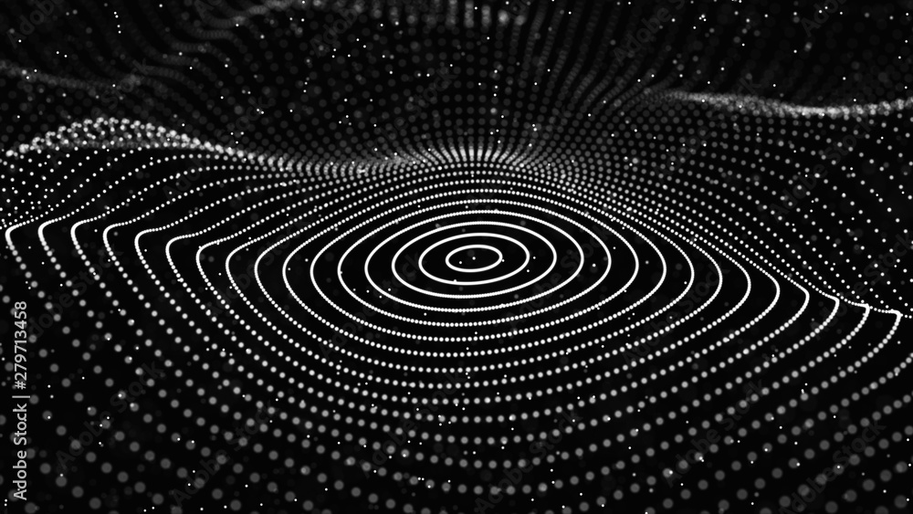 Poster abstract dynamic wave of particles. network of bright points or dots. big data. digital background. 
