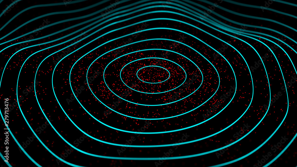 Poster abstract dynamic wave of particles. network of bright points or dots. big data. digital background. 