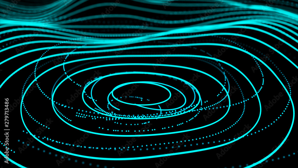 Poster abstract dynamic wave of particles. network of bright points or dots. big data. digital background. 