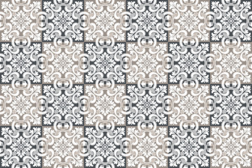 Seamless pattern with portuguese tiles. Vector illustration of Azulejo on white background. Mediterranean style. Gray color.