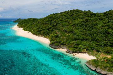 Aerial view of a beautiful sandy beach surrounded by tropical foliage (Pukka Shell Beach, Boracay, Philippines)