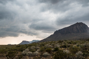 Landscape view of a thunderstorm passing through Big Bend National Park in Texas.