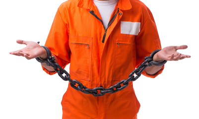 Prisoner with his hands chained isolated on white background
