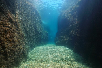 A passage between large rocks underwater, Mediterranean sea, Spain, Costa Brava, Aigua Xelida, Palafrugell, Catalonia