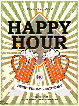 Happy hour beer flyer or poster on grunge. Abstract greeting card poster with beer mug and lettering. Hand drawn, design elements. Grunge background. Vector EPS 10