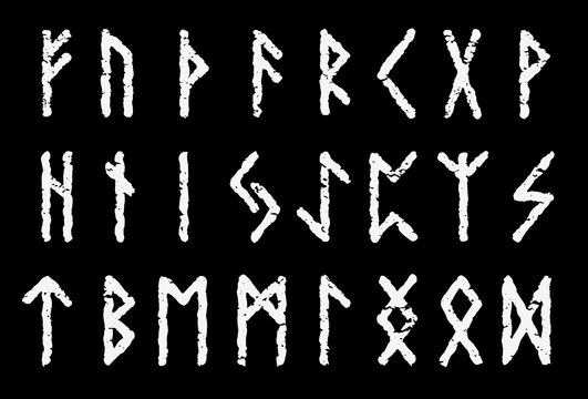 Scandinavian ancient runic alphabet set white color isolated on black background - Vector letter symbols.