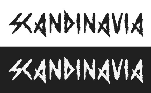 Scandinavia, Vector text label in dark style with the ancient viking alphabet white and black style isolated. Creative caption demonstrates the severity and coldness of the Scandinavian Vikings