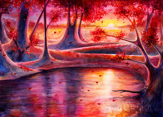 Watercolor autumn forest landscape with sunset, hand drawn painting, fantasy art with nature, beautiful background by watercolor and colored pencils