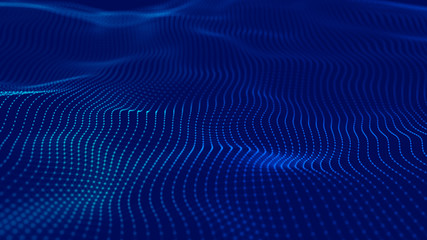 Plakat 3d futuristic illustration. Digital landscape for presentations. Big data techno background with glowing dots. Sound wave. Technology background.
