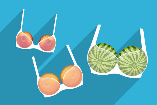 Brassieres with fruits inside. Different bra sizes