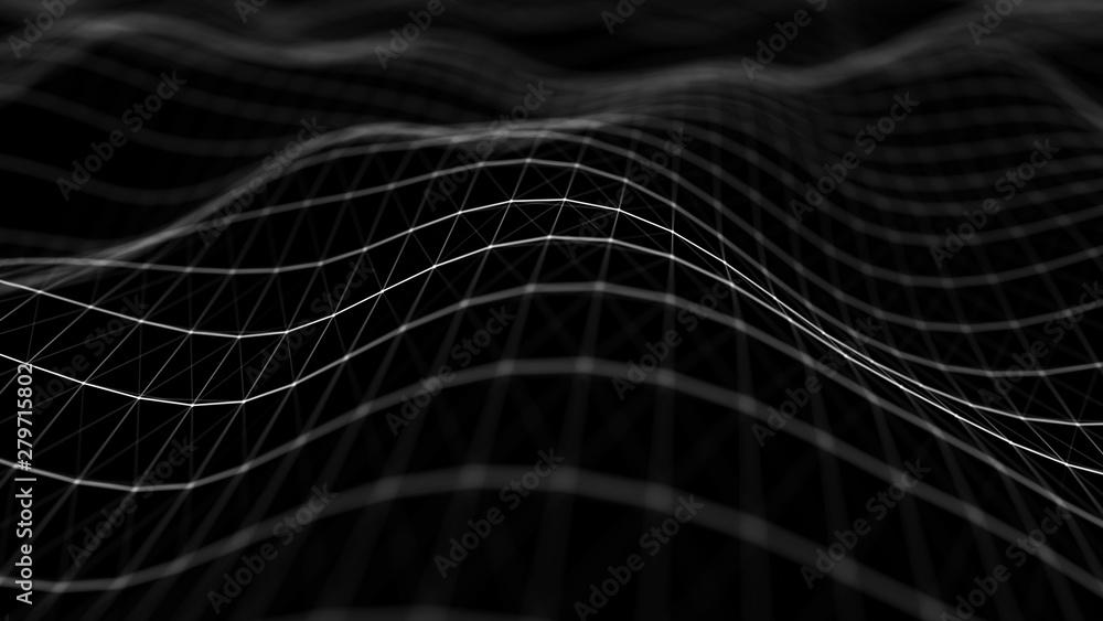 Poster wave 3d. wave of particles. abstract black geometric background. big data visualization. data techno