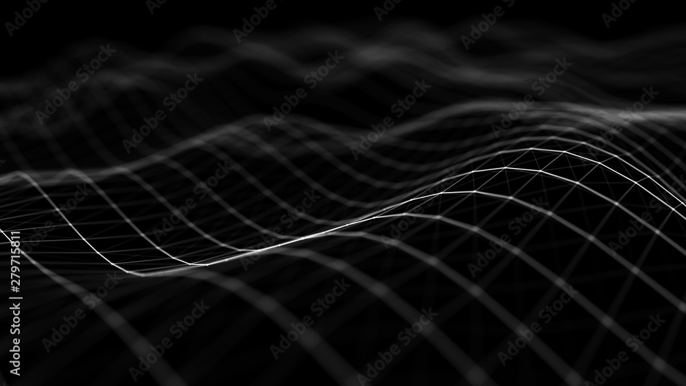 Poster Wave 3d. Wave of particles. Abstract black Geometric Background. Big data visualization. Data technology abstract futuristic illustration. 3d rendering.