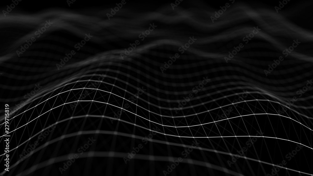 Poster wave 3d. wave of particles. abstract black geometric background. big data visualization. data techno