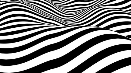 Fototapeta na wymiar Optical illusion wave. Abstract 3d black and white illusions. Horizontal lines stripes pattern or background with wavy distortion effect. Vector illustration.