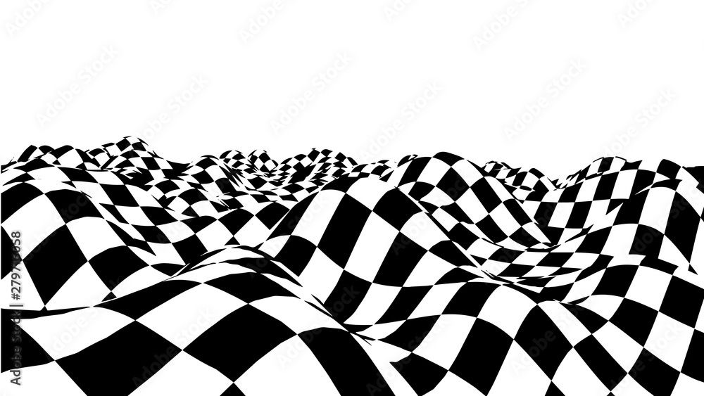 Poster optical illusion wave. chess waves board. abstract 3d black and white illusions. horizontal lines st