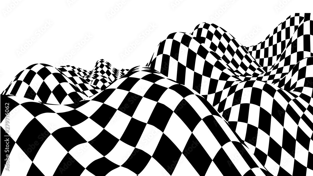 Poster optical illusion wave. chess waves board. abstract 3d black and white illusions. horizontal lines st