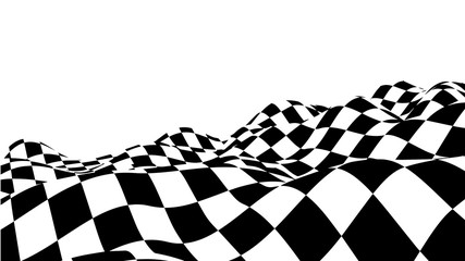 Optical illusion wave. Chess waves board. Abstract 3d black and white illusions. Horizontal lines stripes pattern or background with wavy distortion effect. Vector illustration.