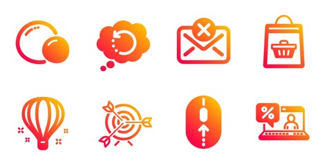 Peas, Swipe up and Air balloon line icons set. Reject mail, Online buying and Target signs. Recovery data, Online loan symbols. Vegetarian seed, Scrolling page. Business set. Vector
