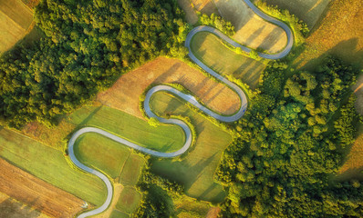 Drone aerial view - windy road in summer