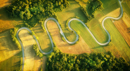 Drone aerial view - windy road in summer