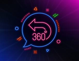 360 degrees line icon. Neon laser lights. VR simulation sign. Panoramic view symbol. Glow laser speech bubble. Neon lights chat bubble. Banner badge with 360 degrees icon. Vector